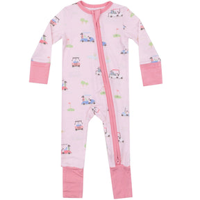 Angel Dear Golf Carts Pink two-way zipper romper with fold-over cuffs