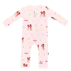 Kyte Baby girls Pink Barbie™ Beach bamboo zippered romper with long sleeves, dual zipper, and soft stretch fabric.