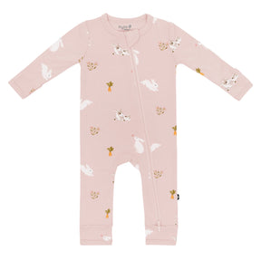 Kyte Baby girls Blush Rabbit bamboo zippered romper with long sleeves, dual zipper, and soft stretch fabric.
