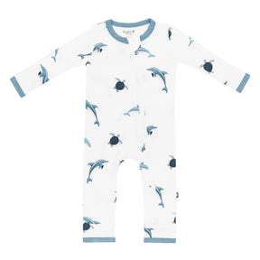 Kyte Baby boys White/Blue Dolphin bamboo zippered romper with long sleeves and dual zipper.