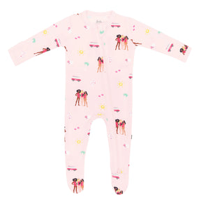 Kyte Baby girls Pink Barbie™ Beach bamboo zippered footie with long sleeves, dual zipper, and soft stretch fabric.