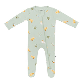 Kyte Baby unisex Aloe Chick bamboo zippered footie with long sleeves, two-way zipper, and soft stretch fabric.