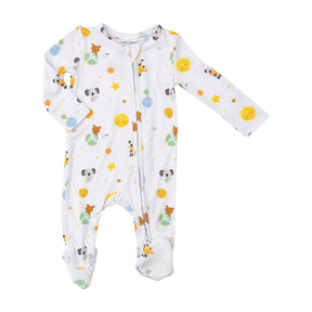 Angel Dear Baby Solar System zipper footie with planet print, front view