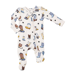 Angel Dear Boots Blue zipper footie with cowboy boot print, front view