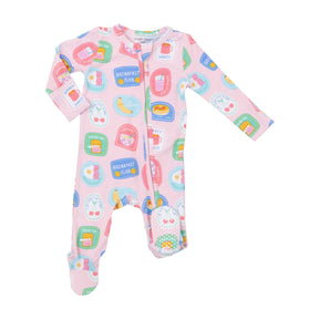 Angel Dear Breakfast Club Patches Pink zipper footie with breakfast print, front view