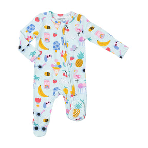 Front view of pale mint Angel Dear Ice Cream Giggles footie with fruit, popsicles and flamingos