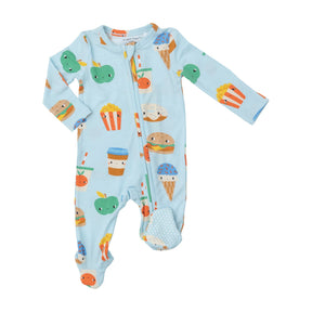 Angel Dear Send Snacks Blue unisex two-way zipper footie with food print