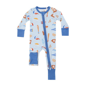 Angel Dear Baseball light blue zipper romper front with bats gloves caps and blue cuffs