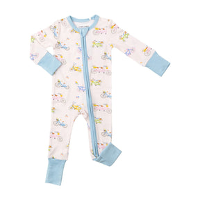 Angel Dear Bikes Pink zipper romper front view with powder-blue trim