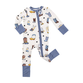 Angel Dear Boots Blue unisex zipper romper with cowboy boots and stars