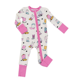 Angel Dear Boots Pink cream zipper romper with colorful western boots and pink trim