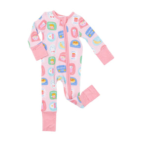 Angel Dear Breakfast Club Patches Pink zipper romper front view