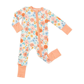 Angel Dear Flower Cart zipper romper front with peach cuffs and coral blue flowers