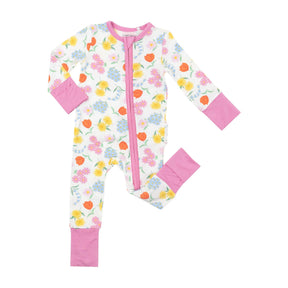 Angel Dear Freshly Picked Floral white zipper romper with pink cuffs and colorful flowers