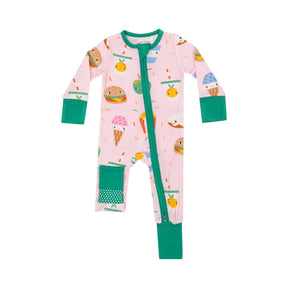 Angel Dear Send Snacks Pink bamboo two-way zipper romper, front view