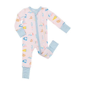Angel Dear Softball print bamboo zipper romper for baby girls, front view