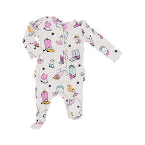 Angel Dear Boots Pink ruffle back footie with cowboy boot print, front view