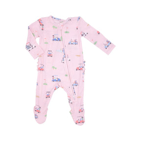 Angel Dear Golf Carts Pink ruffle back footie with golf cart print, front view