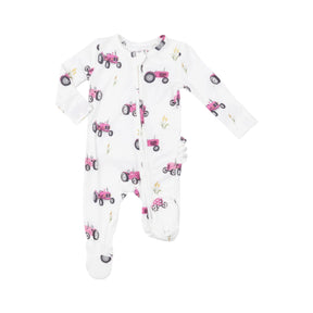 Angel Dear Pink Tractors ruffle back footie with tractor print, front view
