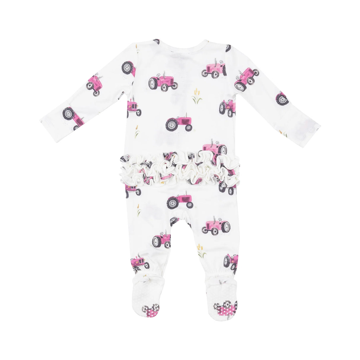 Two Way Zipper Ruffle Back Footie - Pink Tractors | Angel Dear - Jenni Kidz