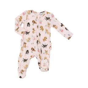 Angel Dear Puppy Alphabet Pink ruffle back footie with puppy print, front view