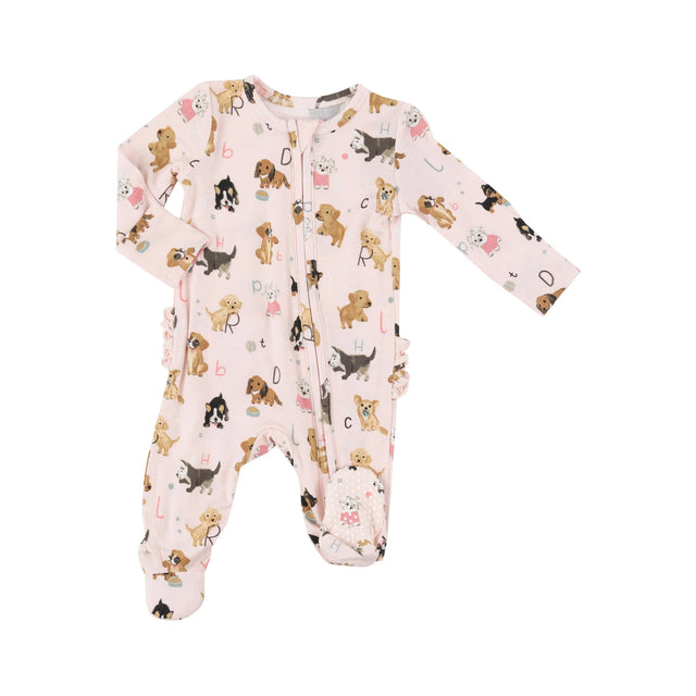 Two Way Zipper Ruffle Back Footie - Puppy Alphabet Pink | Angel Dear - Jenni Kidz