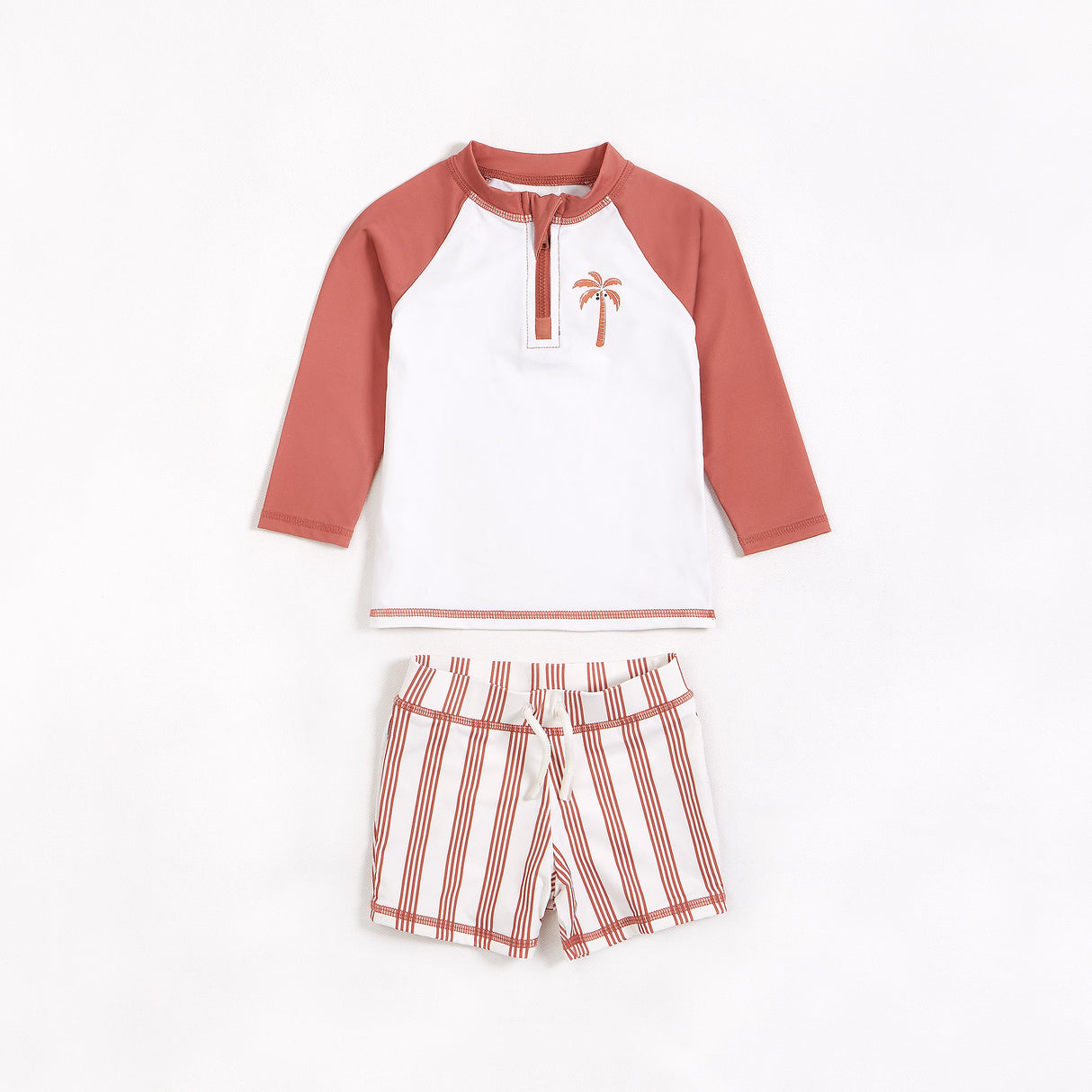 Palm Tree Raglan Rashguard and Striped Swim Shorts Set | Petit Lem - Jenni Kidz