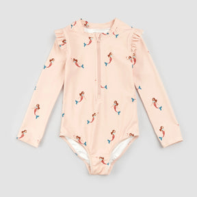 Miles The Label baby girls Coral mermaid long-sleeve swimsuit with UPF 50+ and front zip.