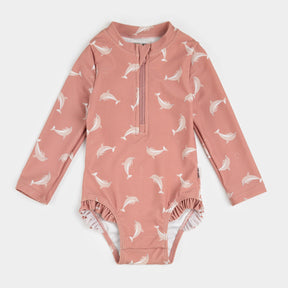 Petit Lem baby girl Wild Rose dolphin-print long-sleeve one-piece swimsuit – front view
