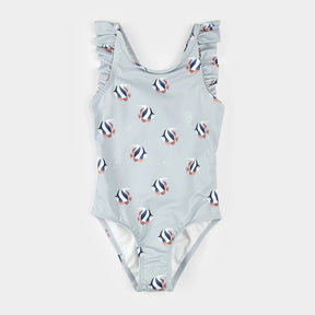 Flat lay of Petit Lem blue mist one-piece swimsuit with tropical fish print and frill straps for baby girl