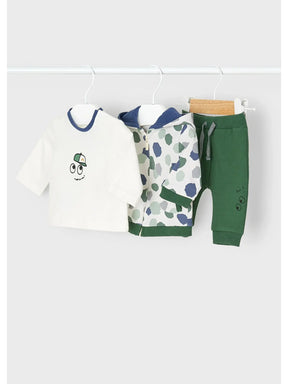Mayoral newborn three-piece set with spotted hoodie, cream T-shirt and green joggers