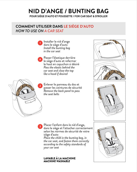 How to use the beige Deux par Deux bunting bag in an infant car seat, step-by-step diagram