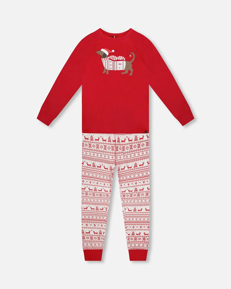 Adult Men Organic Cotton Two-Piece Pajama Set Red And White Fairisle | Deux par Deux | Jenni Kidz