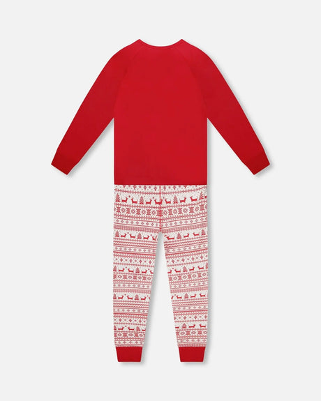Adult Men Organic Cotton Two-Piece Pajama Set Red And White Fairisle | Deux par Deux | Jenni Kidz