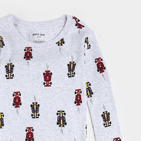 Alternate flat lay of heather grey race car print organic cotton kids pajama set