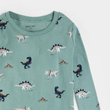 Alternate flat lay of tidal wave green dinosaur print kids pajama top and pants