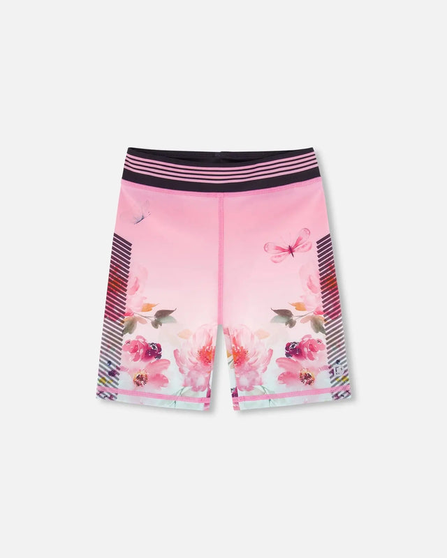 Athletic Biker Shorts Gradient Pink Printed Big Flowers | Deux par Deux | Jenni Kidz