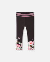 Athletic Leggings Black Printed Big Flowers | Deux par Deux | Jenni Kidz