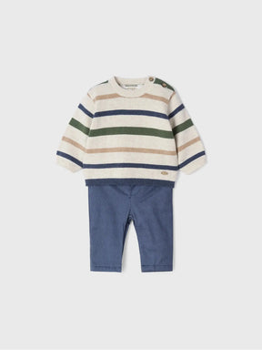 Front view of Mayoral baby set with cream striped sweater and blue trousers