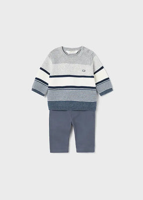 Front view of baby boys striped sweater and grey trouser set