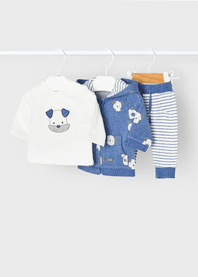 Mayoral baby three-piece set with dog tee, blue dog-print hoodie and striped pants