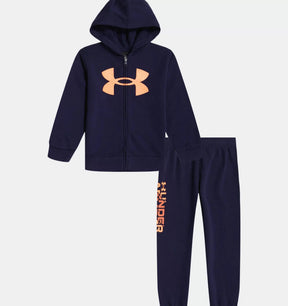 Navy Under Armour baby boys zip hoodie and pants set with orange logos, front view