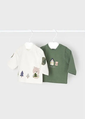 Cream and green Mayoral baby long-sleeve T-shirt two-pack on hangers