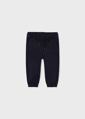 Front view of marino-navy Mayoral baby boy twill joggers with patch pockets
