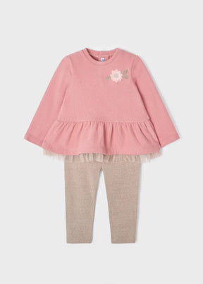 Mayoral baby girls Blush knit top and beige leggings set with ruffle hem and embroidered flower.