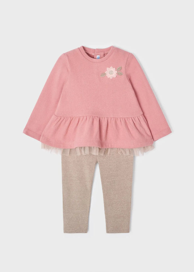 Mayoral baby girls Blush knit top and beige leggings set with ruffle hem and embroidered flower.