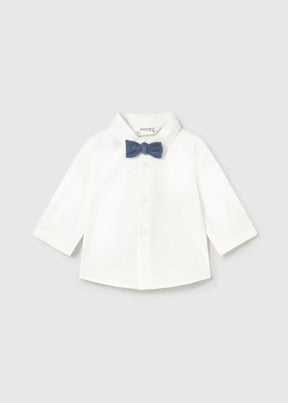 Front view of white Mayoral newborn boy shirt with navy bow tie