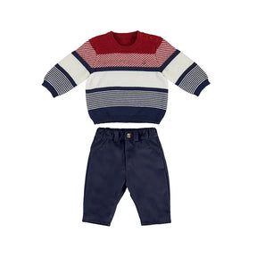 Red, cream and navy striped Mayoral baby sweater with coordinating navy trousers