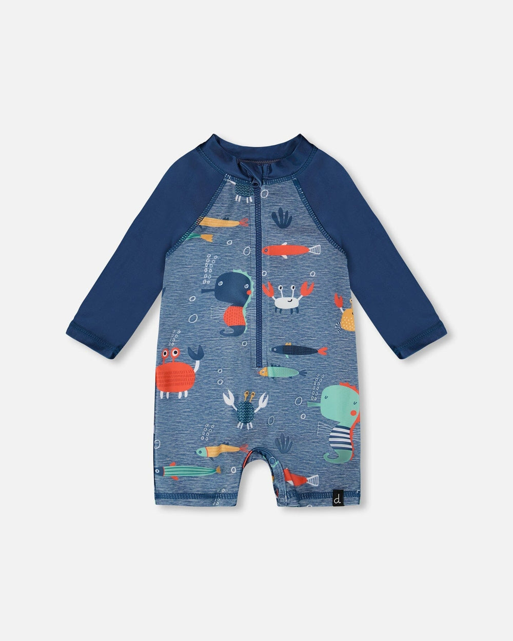Front flat lay of Deux par Deux baby boy long sleeve one-piece swimsuit in blue marine animals print