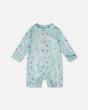 Front flat lay of Deux par Deux baby girl long sleeve one-piece swimsuit in blue seahorse print